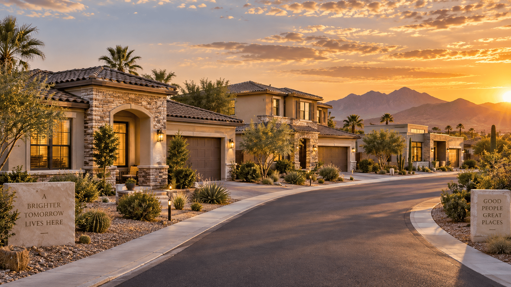 East Valley homes along a desert neighborhood street at sunset